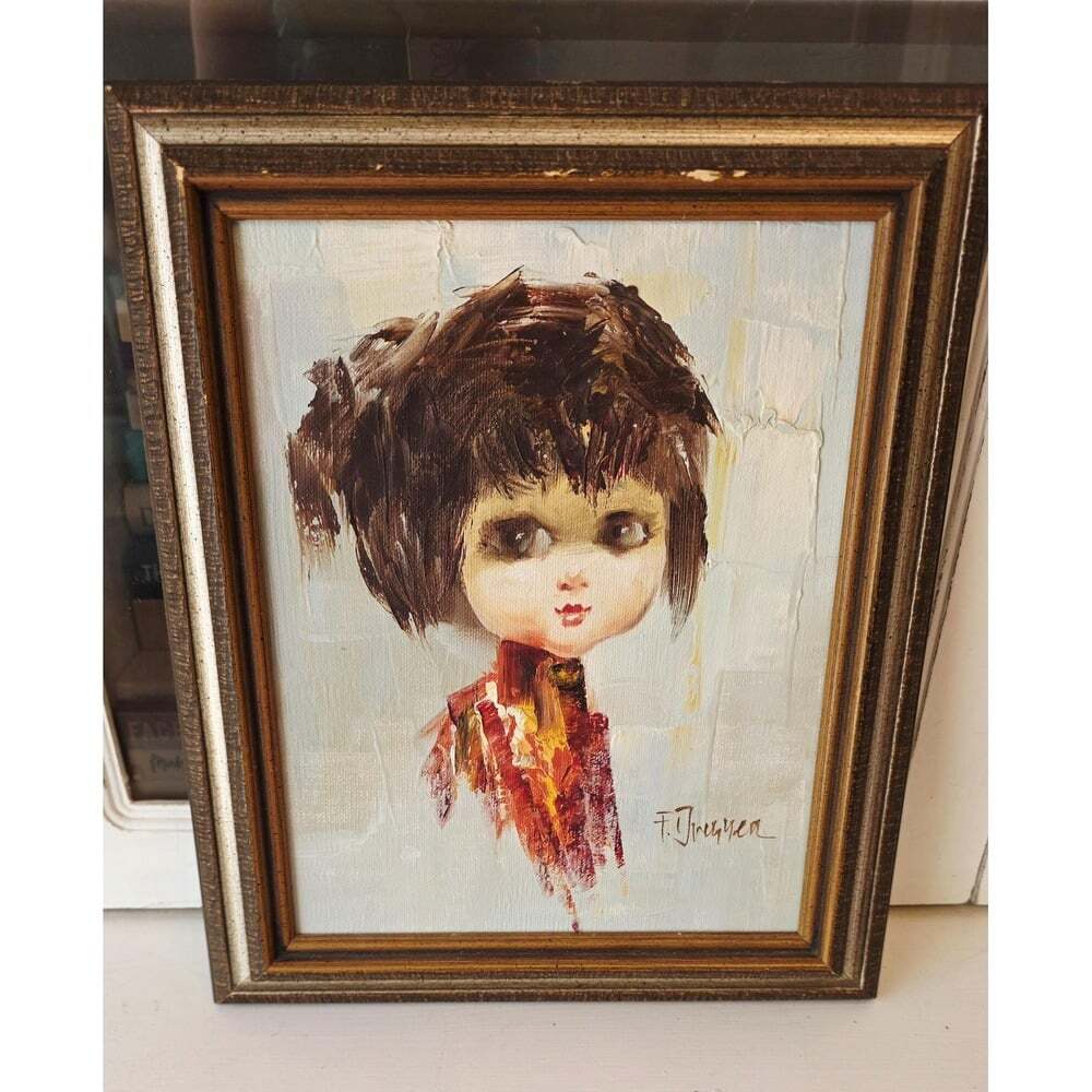 Authentic 1960s/1970s Mid-Century Modern "Big Eyes" Oil Painting by F. Juarez